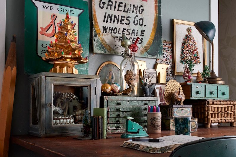 Office desk with vintage Christmas accessories.