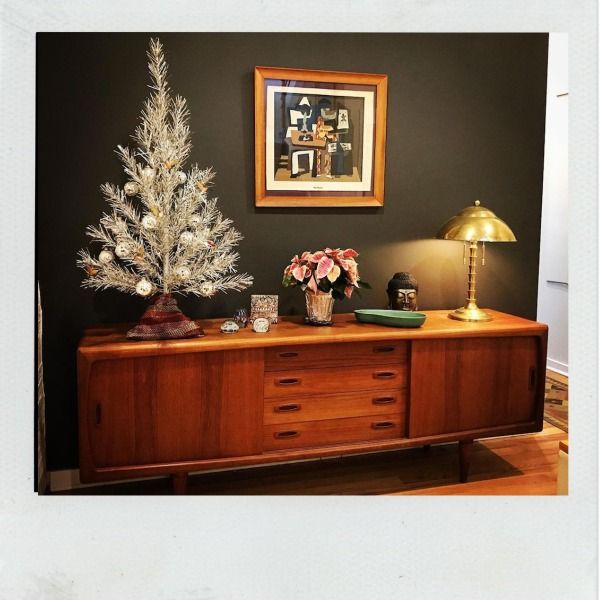 Midcentury modern console with silver aluminum table top tree.