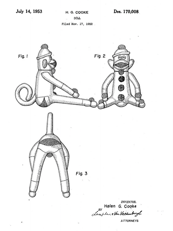 Patent for sock monkeys in 1953.