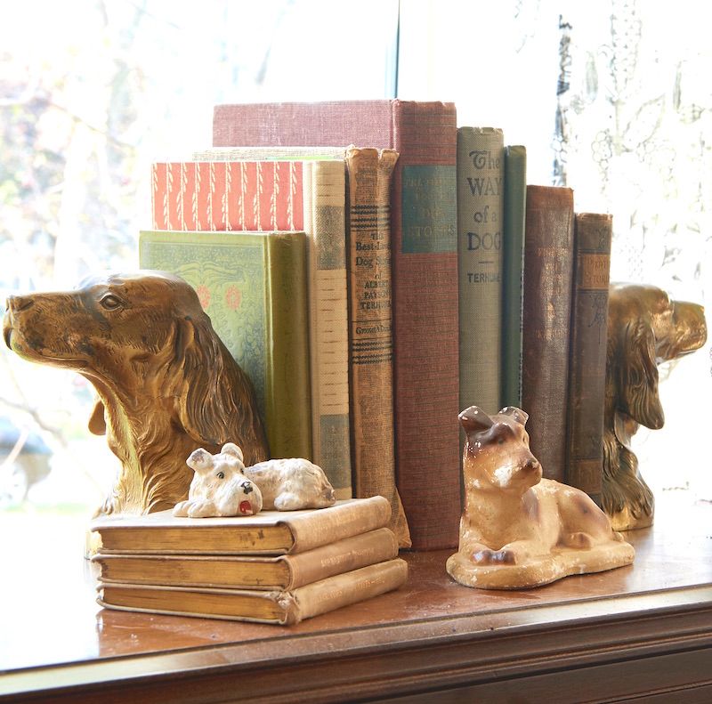 Vintage dog books displayed with dog figurines.