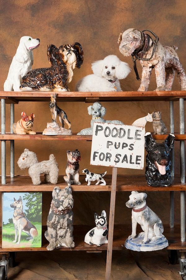 Shelves with assorted vintage dog figurines and art.