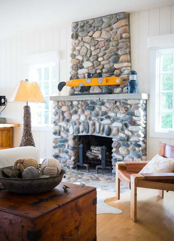 Old Sears kit stone fireplace in lake cottage.