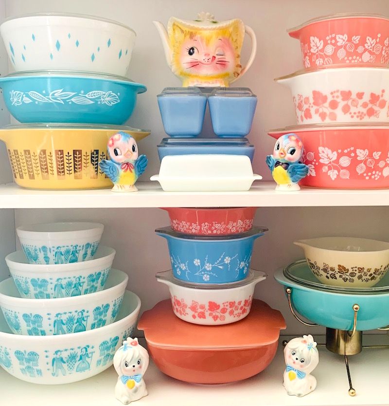 Collection of brightly colored Pyrex.