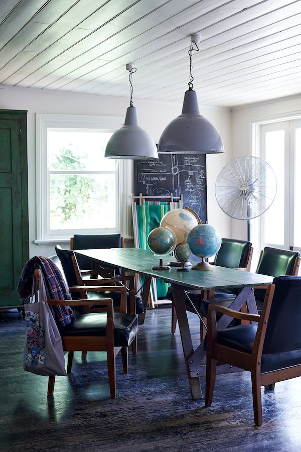 Industrial lighting over dining table and globes as decor.