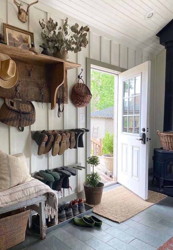 Entryway of an 1850s house with vintage furnishings.